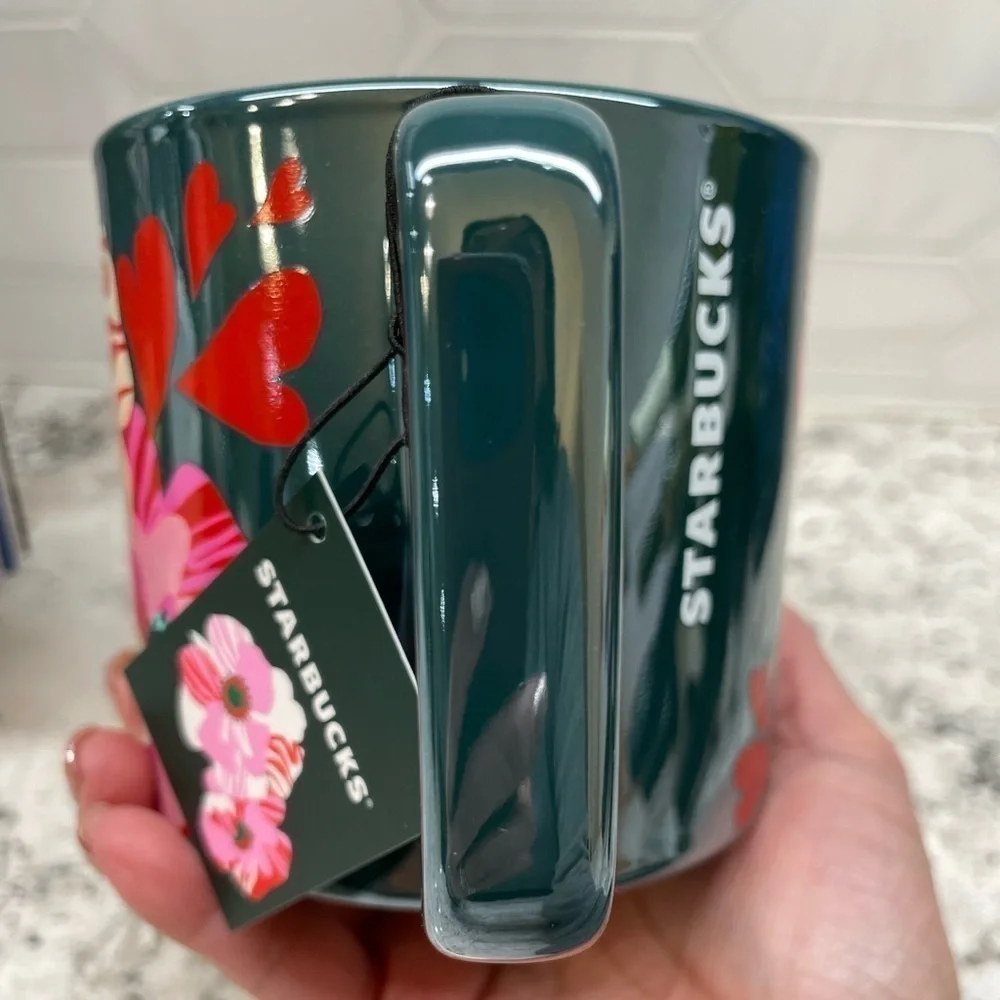 Starbucks 2024 Dark Blue Flora Hearts Ceramic Mug. Iridescent sheen. NWT!